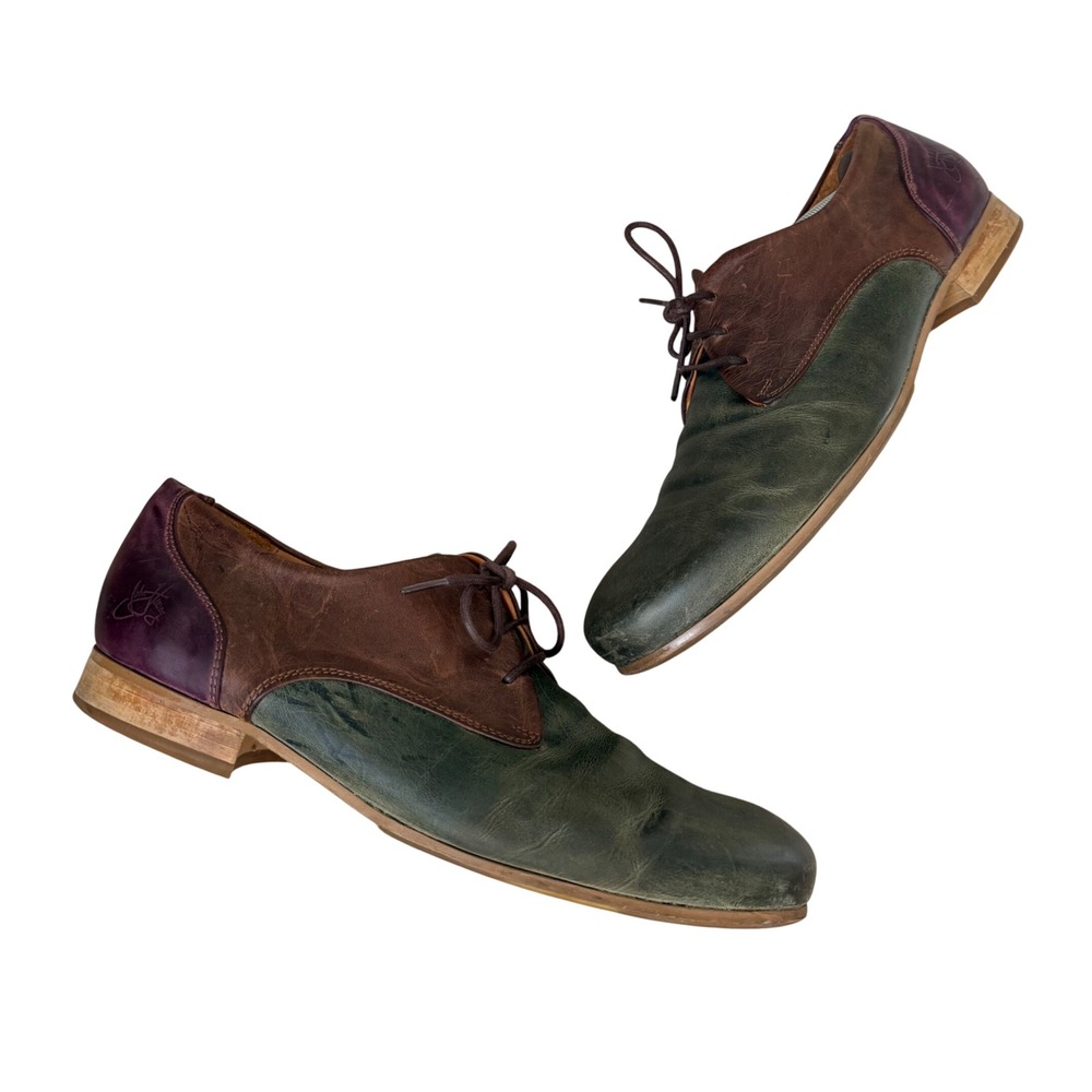 John Fluevog Shoes Multicolor Leather Derby Oxford Green Brown Purple Men's 12